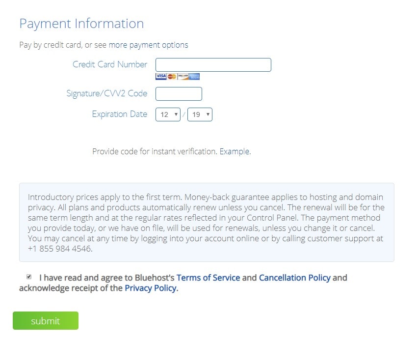 Bluehost Payment Information