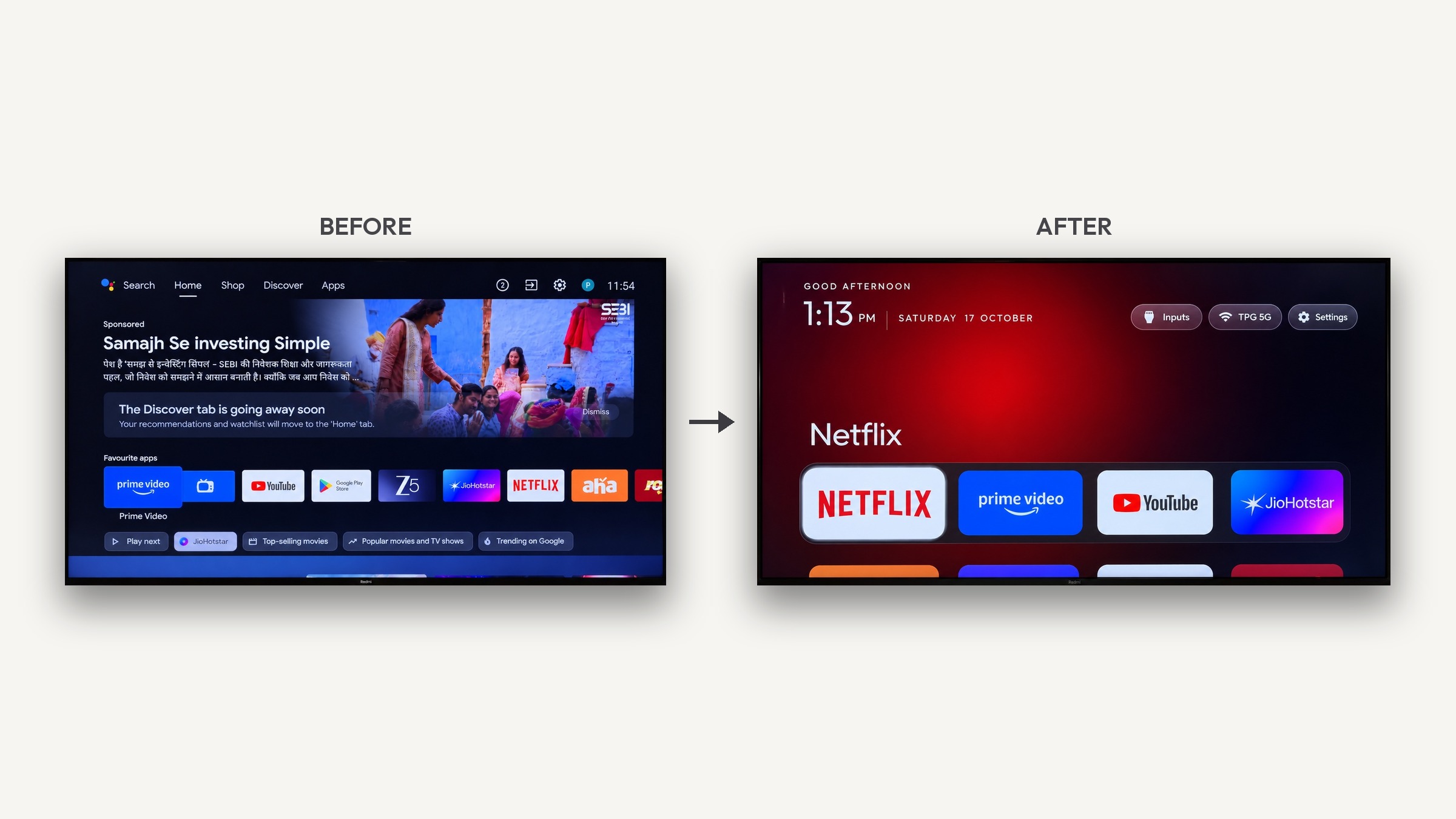 Before and after: a stock Google TV home screen with a sponsored ad next to the clean CleanYourTV launcher