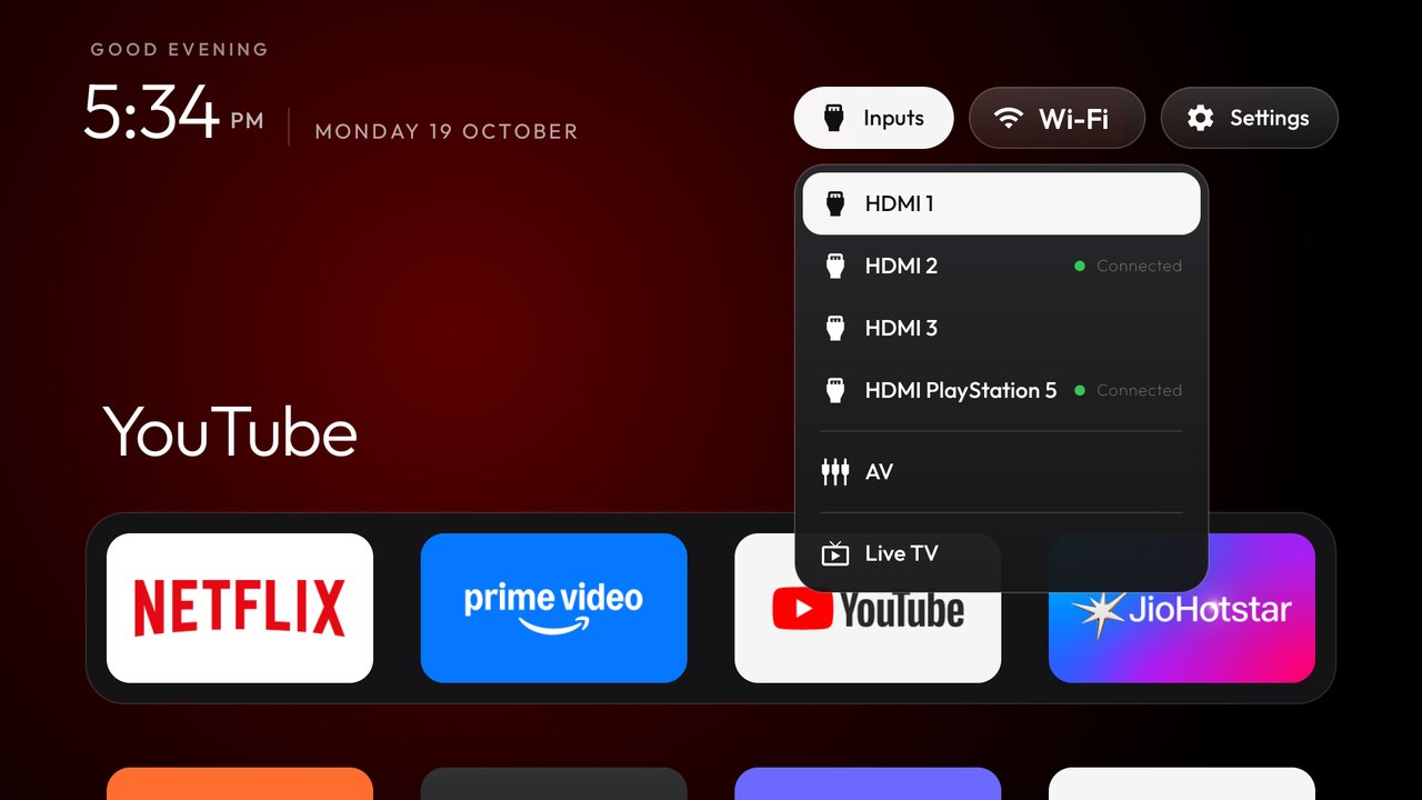 The CleanYourTV Inputs menu listing HDMI ports, AV, and Live TV
