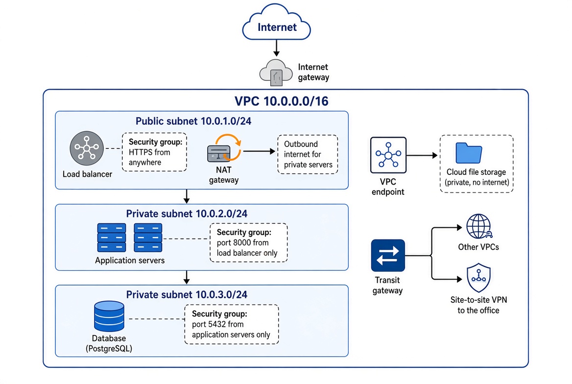 Diagram of a cloud web application: a VPC with an internet gateway, a public subnet with a load balancer and NAT gateway, private subnets for application servers and a PostgreSQL database, each with its own security group, plus a VPC endpoint to cloud file storage and a transit gateway to other VPCs and a site-to-site VPN