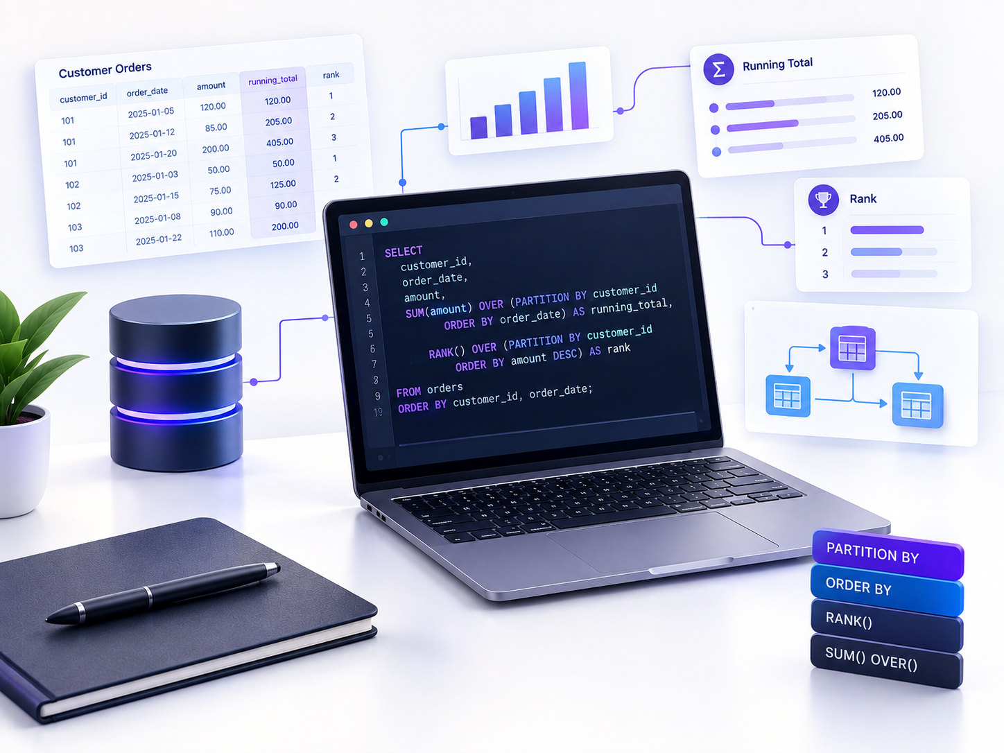 SQL Window Functions: Running Totals & Rankings